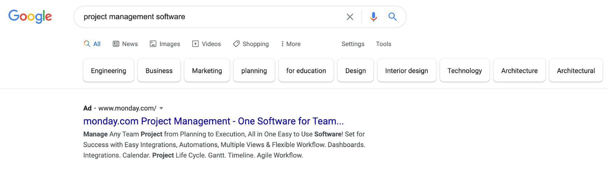 Project management software search result.