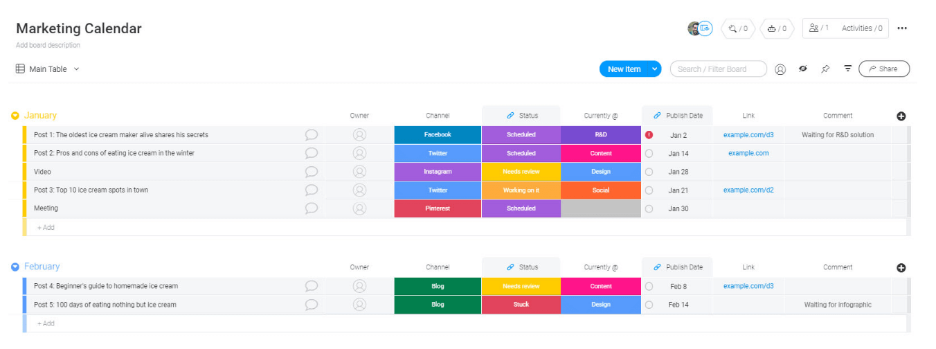 monday.com’s marketing calendar