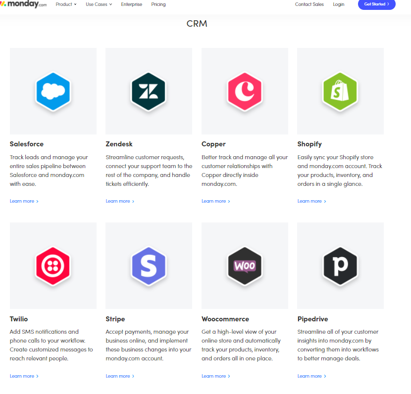 monday.com integrates with major CRM apps