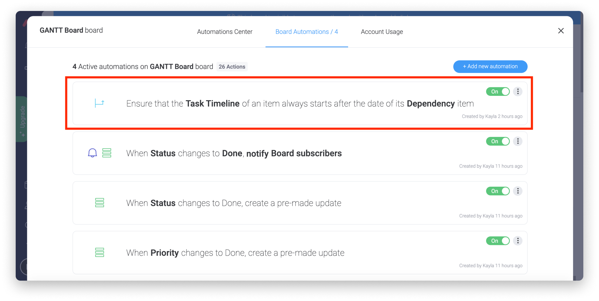 Gantt board automations in monday.com