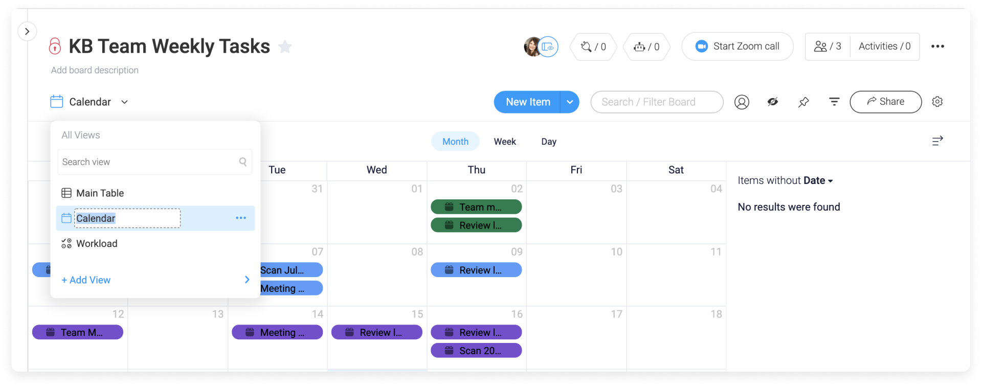 screenshot of Calendar view in monday.com