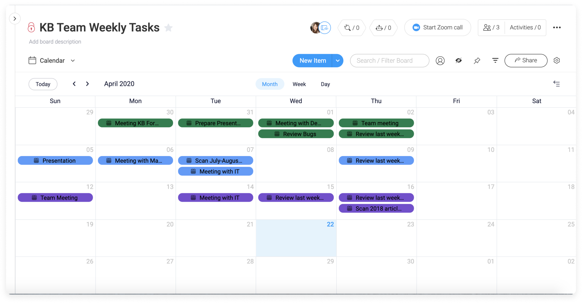 screenshot of Calendar view in monday.com