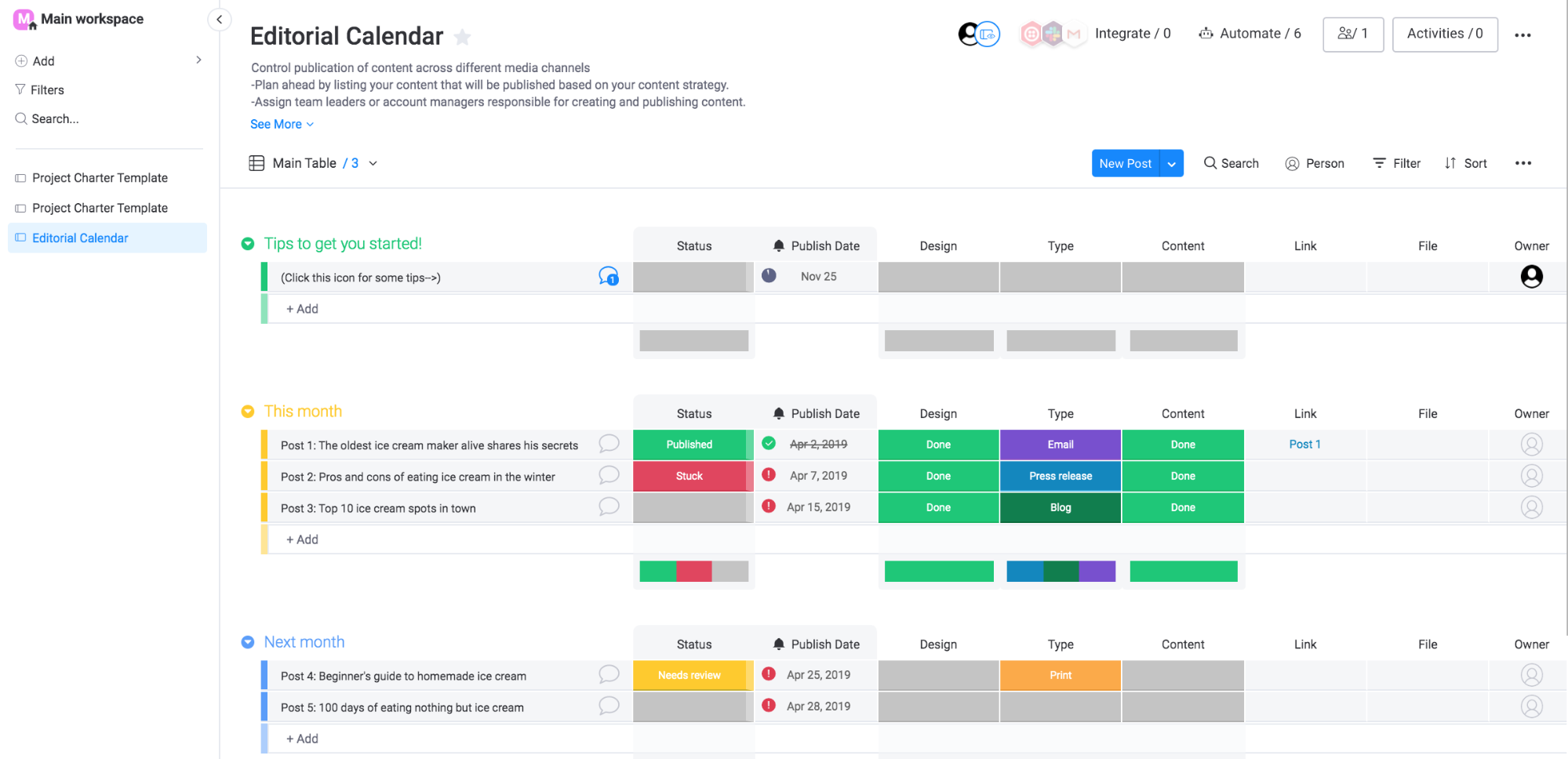 monday.com editorial calendar template