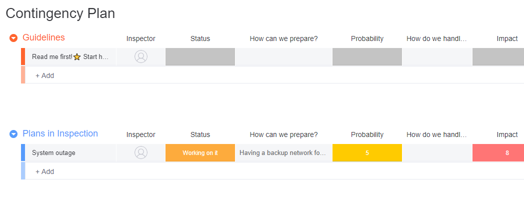 monday.com's contingency plan template screenshot