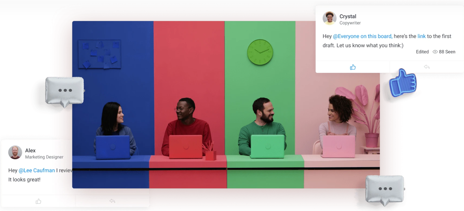 Stylized image showing 4 team members collaborating within the monday.com platform by tagging and commenting