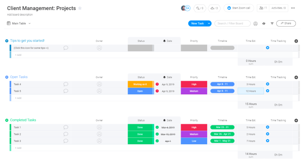 monday.com example dashboard for client management template