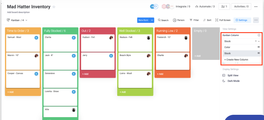 the mad hatter inventory shows in kanban board view style in monday.com