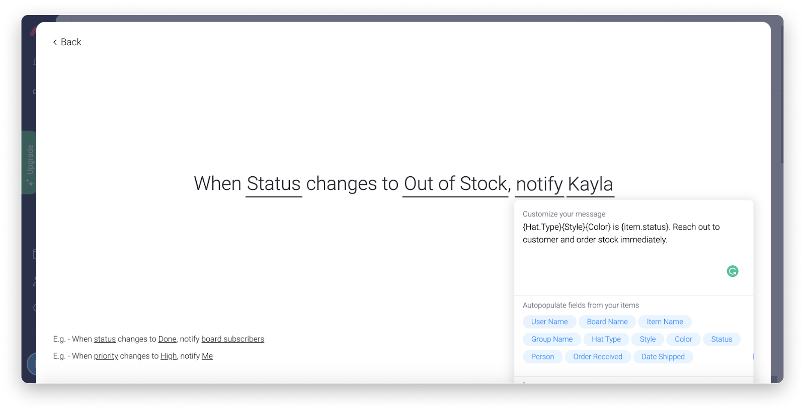 screenshot of stock notifications in monday.com