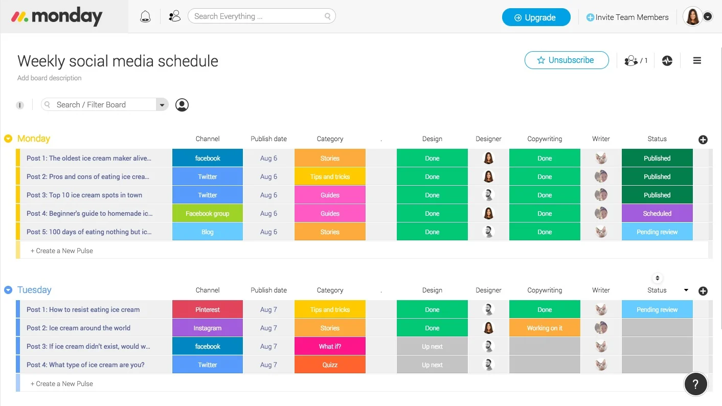 monday.com social media plan template