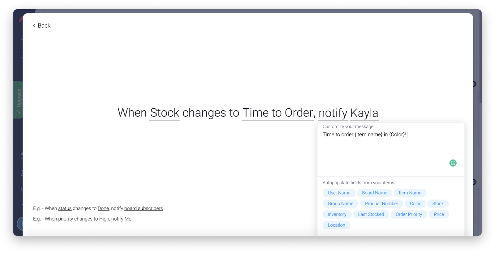 screenshot of stock notifications in monday.com