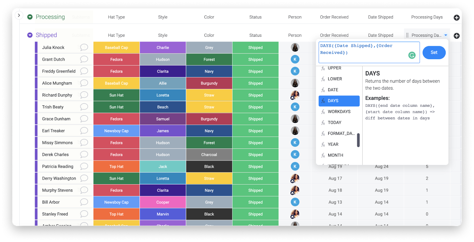 screenshot of formulas in monday.com