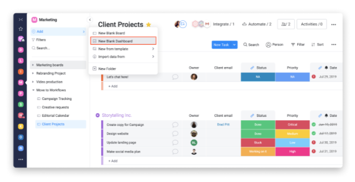 Screenshot from monday.com showing how to Add a Dashboard.