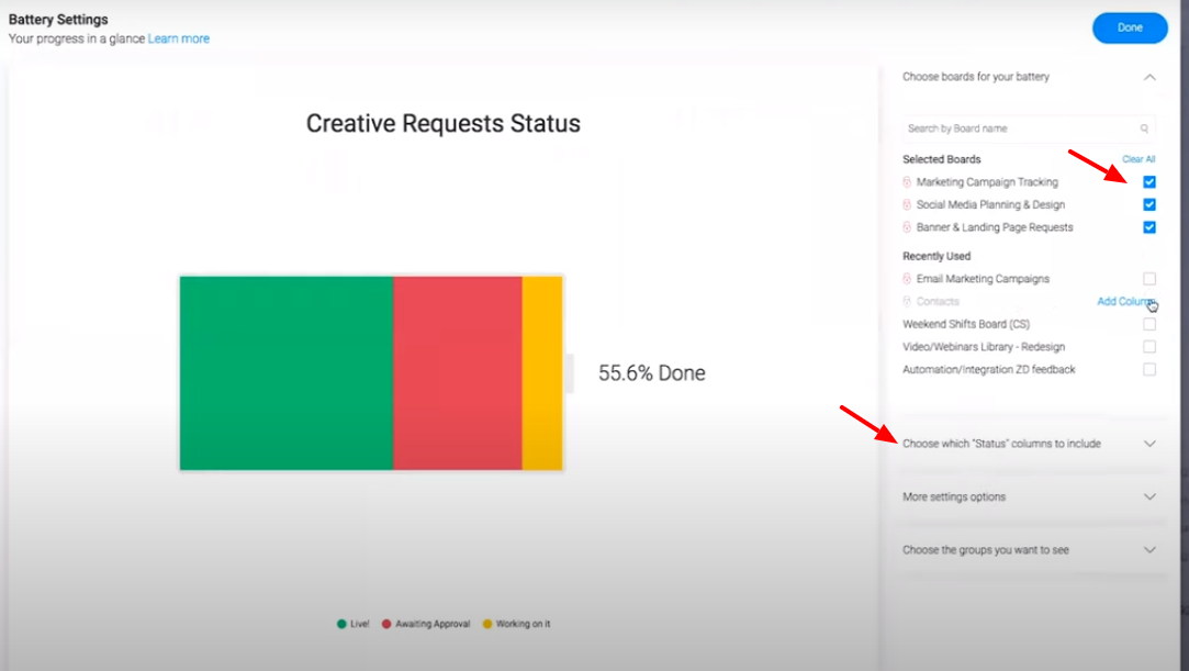 Screenshot from monday.com showing how to choose which boards and statuses to pull data from.