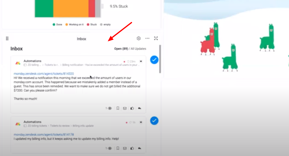 Screenshot from monday.com showing the Inbox Widget.