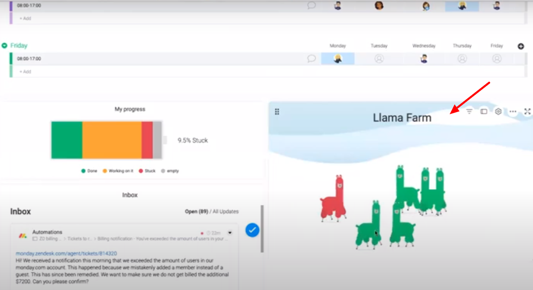 Screenshot from monday.com showing the Llama Farm Widget.