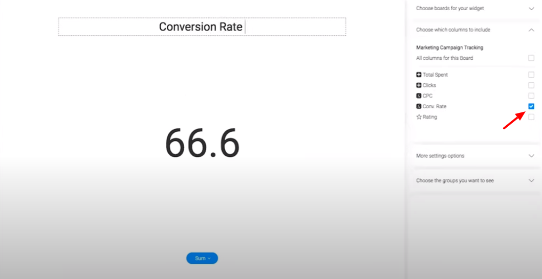 Screenshot from monday.com showing how to choose a number column to reflect.