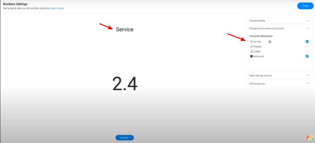 Screenshot from monday.com showing the Numbers Widget Settings.