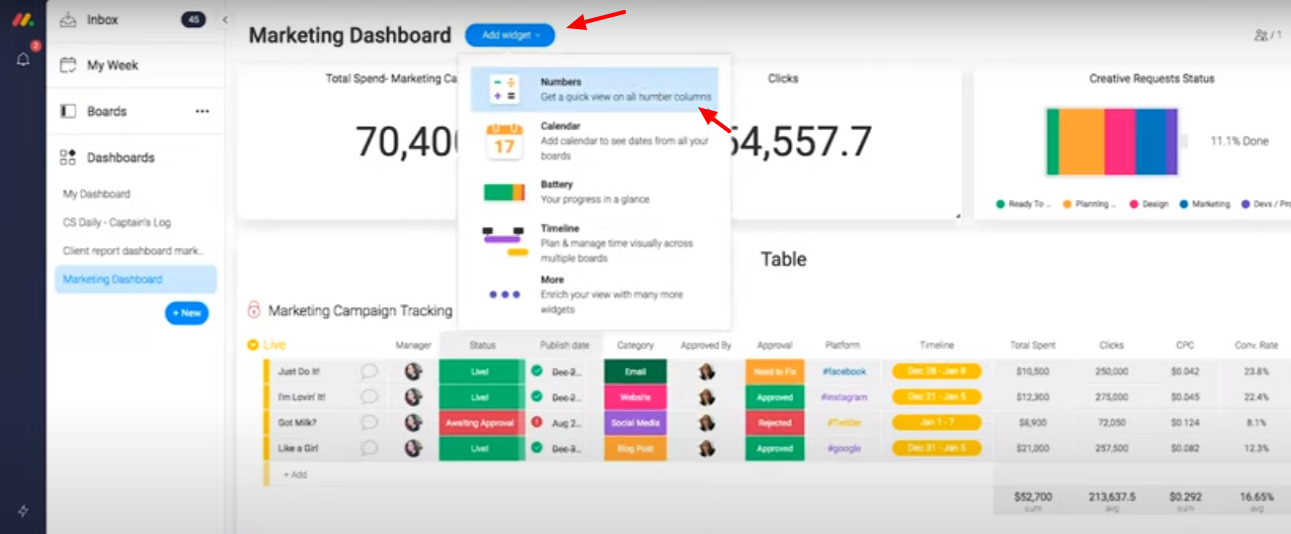Screenshot from monday.com showing how to Add a Numbers Widget.