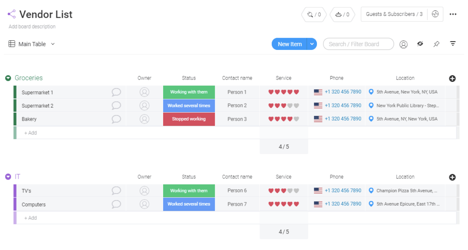 monday.com Vendor List template screenshot