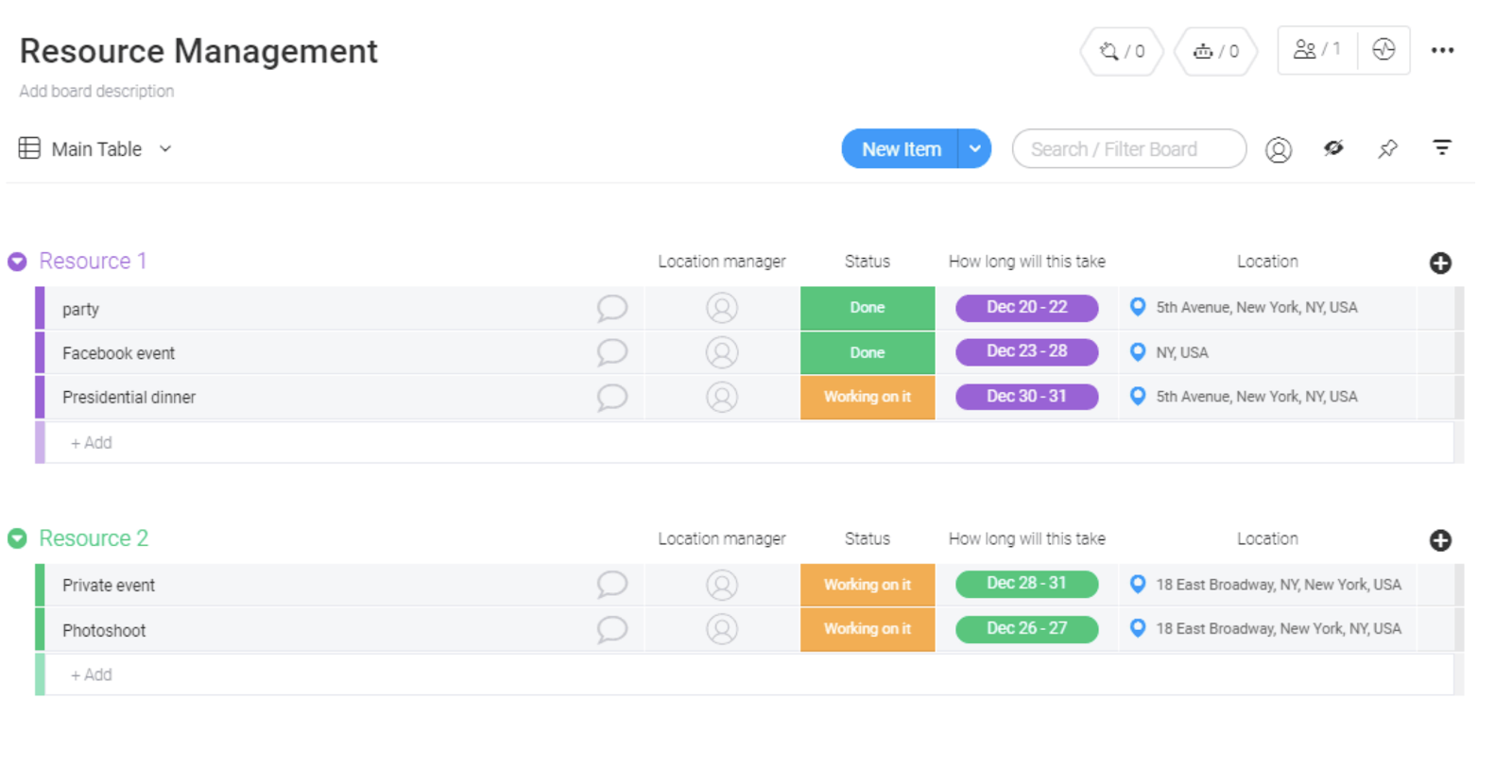 monday.com Resource Management template screenshot