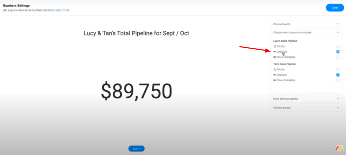 Screenshot from monday.com showing a Total Pipeline numbers widget.