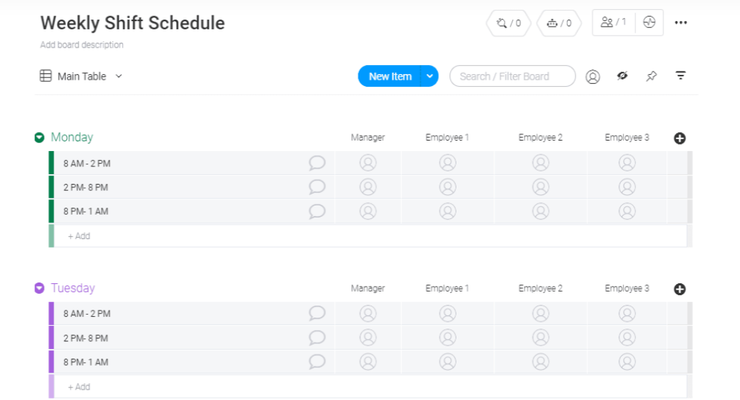 Screenshot from monday.com showing the Weekly Shift Schedule Template.