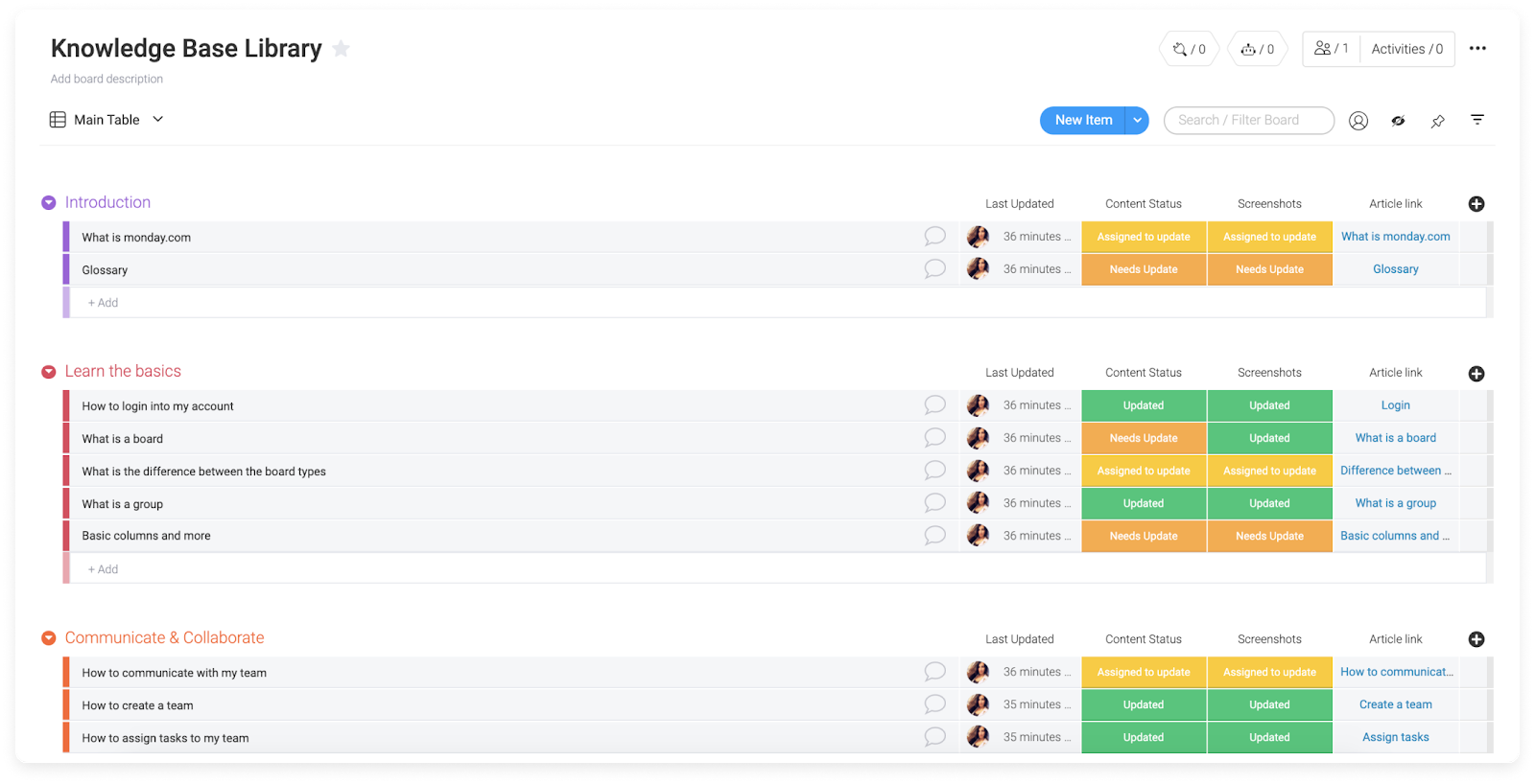 screenshot of a monday.com board for company knowledge base