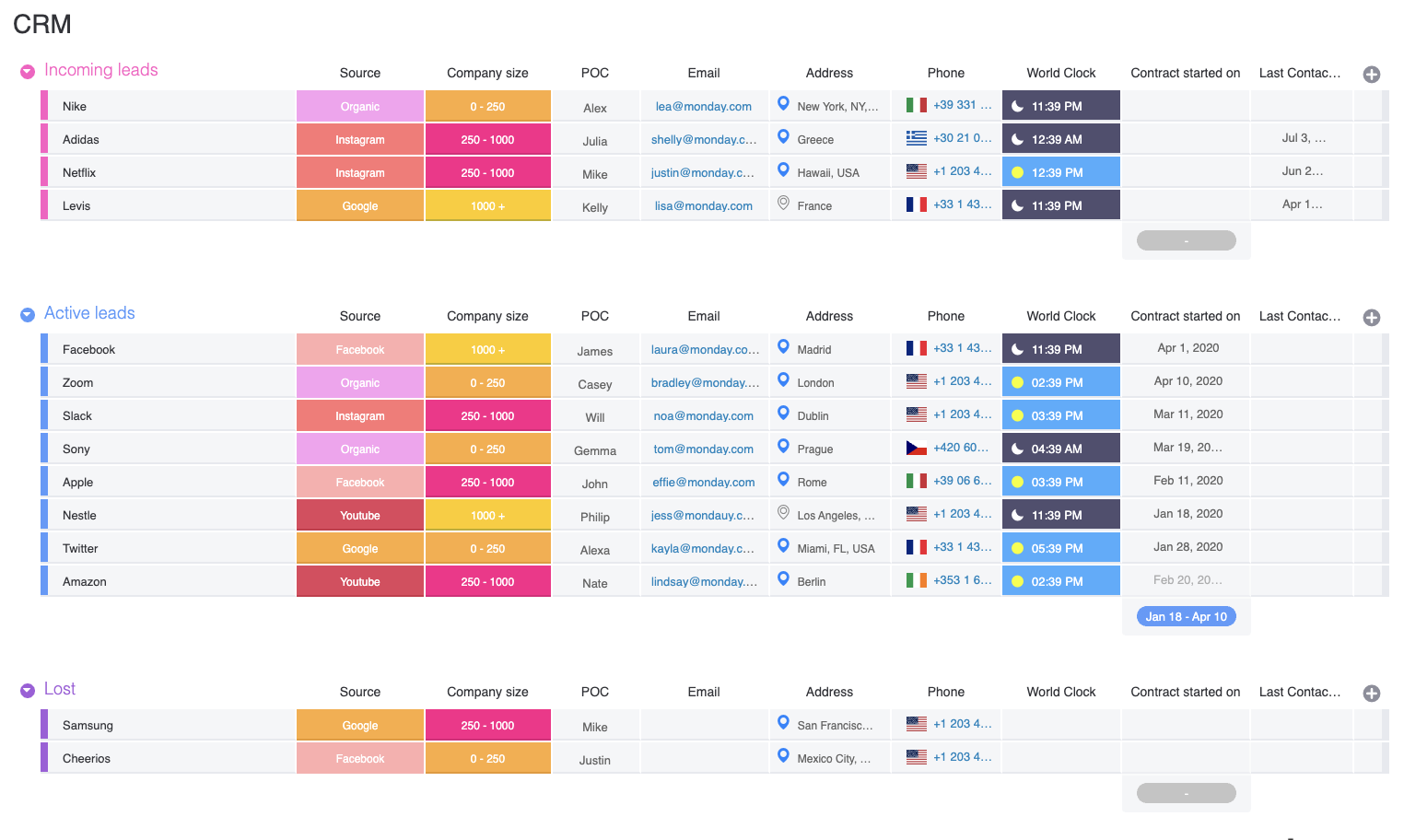 screenshot of a monday.com board for sales crm
