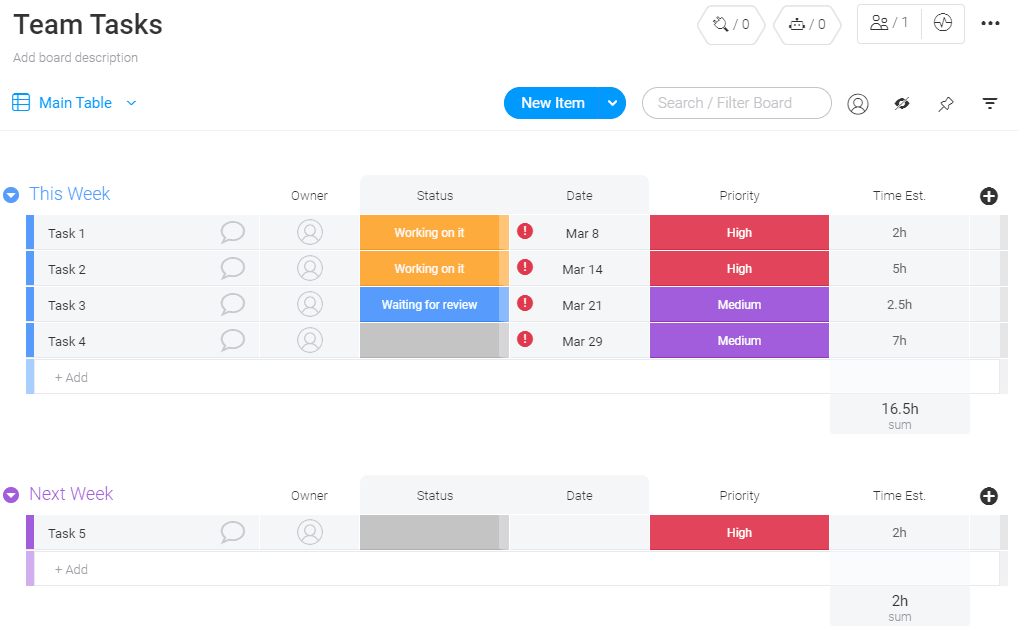 monday.com team tasks template