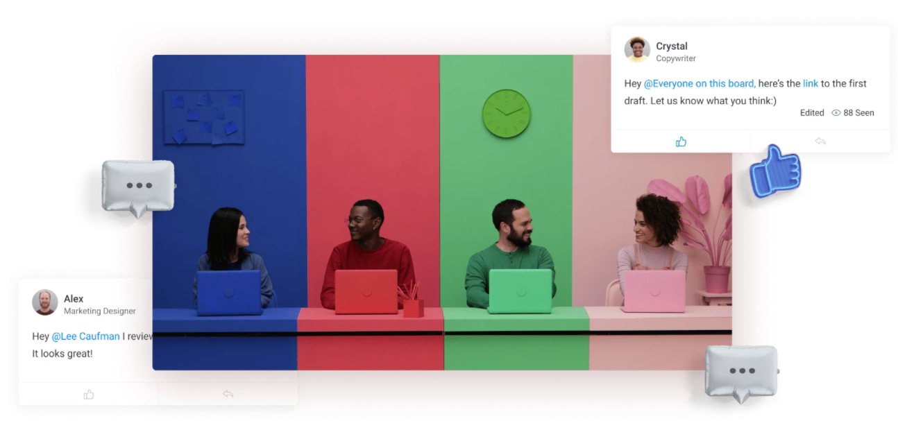 Collaboration made easy in monday.com image showing 4 team members collaborating in-platform with monday.com