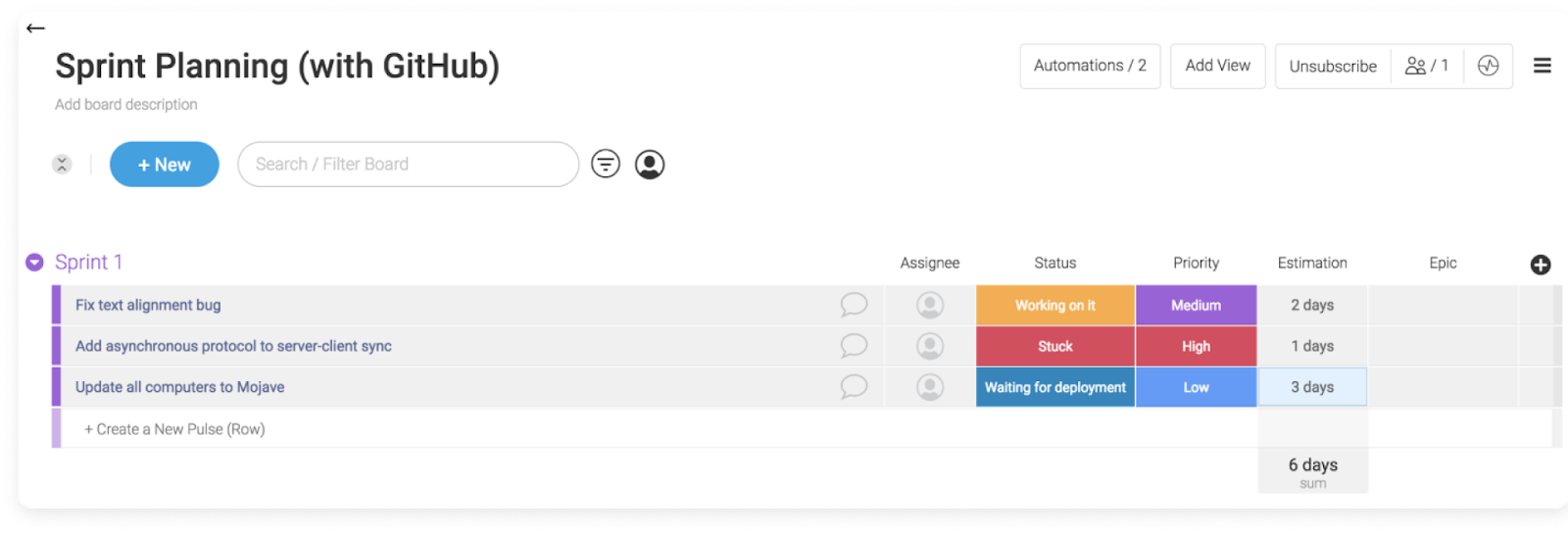 management tools sprint planning with Github on monday.com