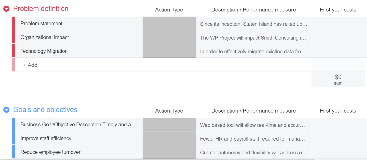 screenshot of a project proposal template in monday.com aligning the project with business goals