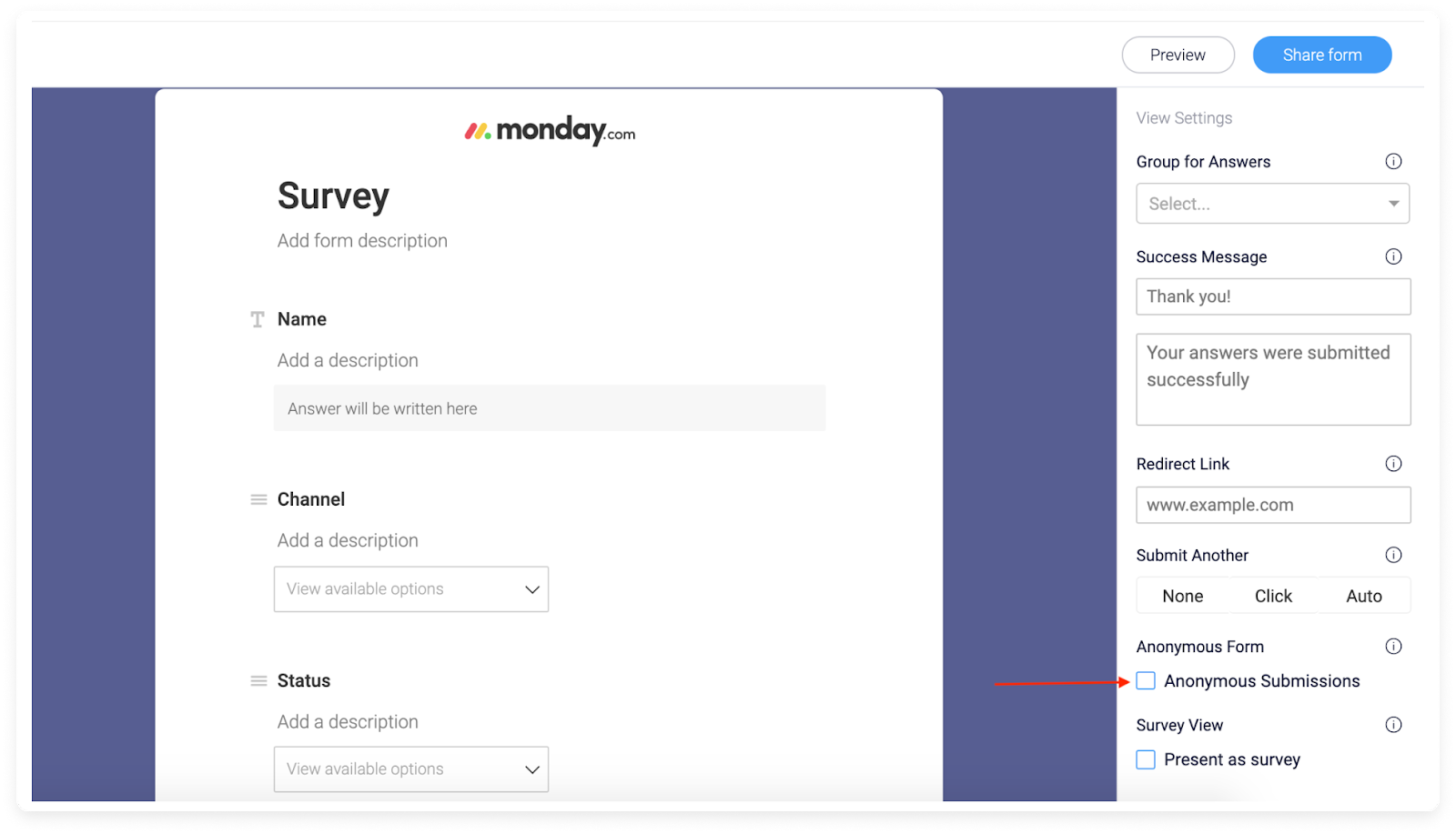 feedback forms on monday.com