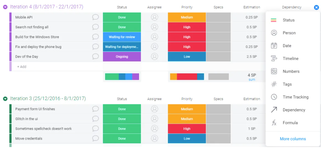 screenshot showing sprint planning template in monday.com with customization options including priority labels