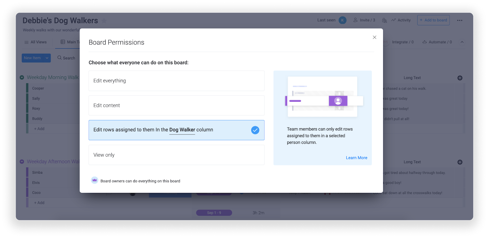 monday.com allows users to assign board permissions for specific users
