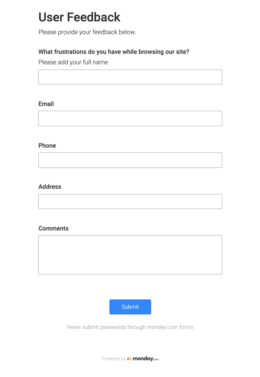 Form with fields to input data