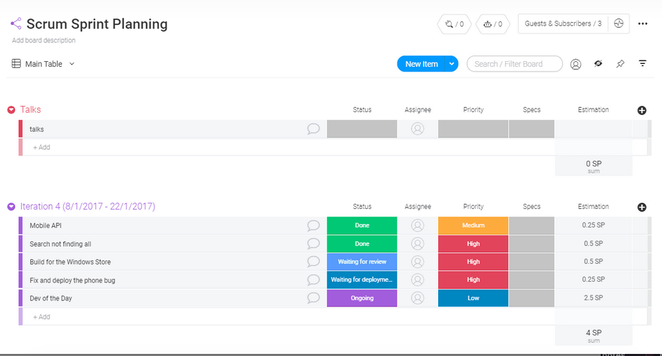 monday.com scrum planning template