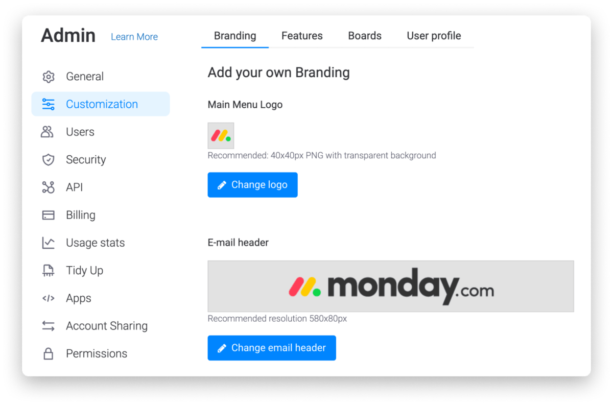 monday.com admin features The monday.com admin area