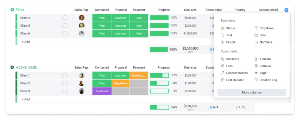 cycle time - Adding columns in monday.com screenshot showing how to add columns in monday.com
