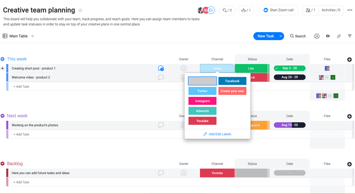 monday.com creative team planning template