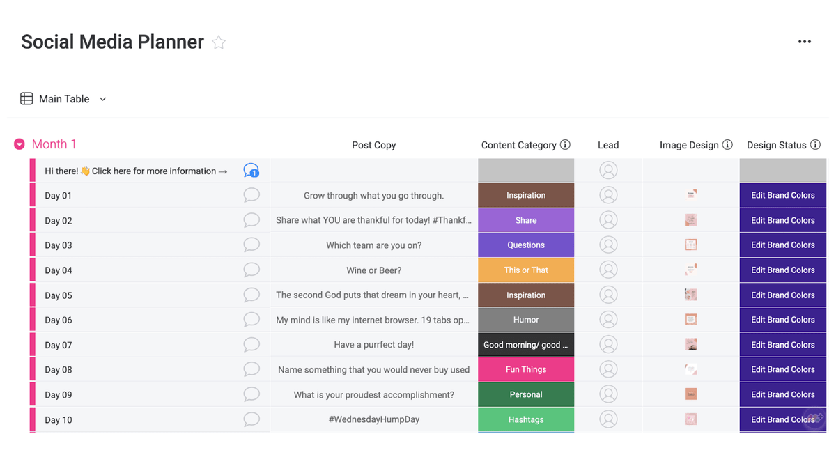 Daily Social Media Planner on monday.com daily social media calendar with color-coded categories
