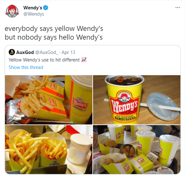 Tweet from Wendy's account referring to the old yellow Wendy's packaging.