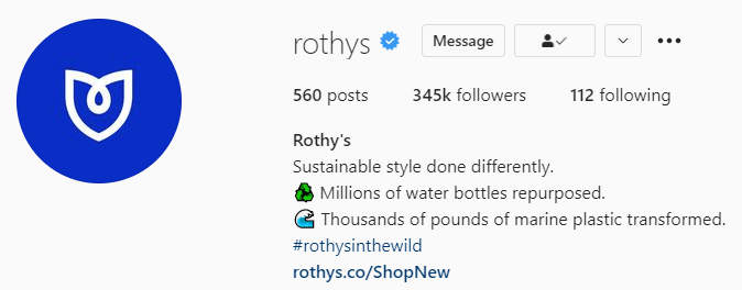 rothy's instagram profile with website link and detailed bio