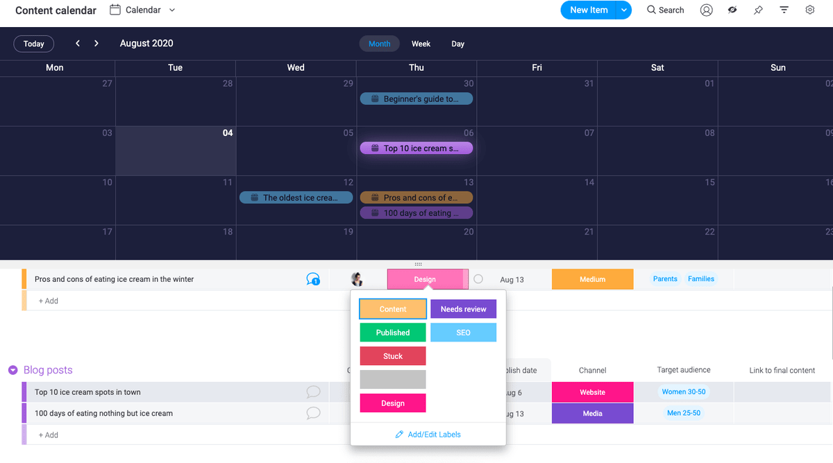 social media content calendar with color coded status tags