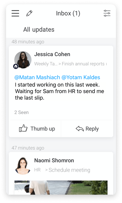 What monday.com's mobile app's inbox looks like