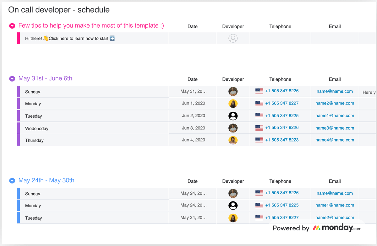 On-call developer schedule in monday.com Tracking on-call developer shifts and availability in monday.com