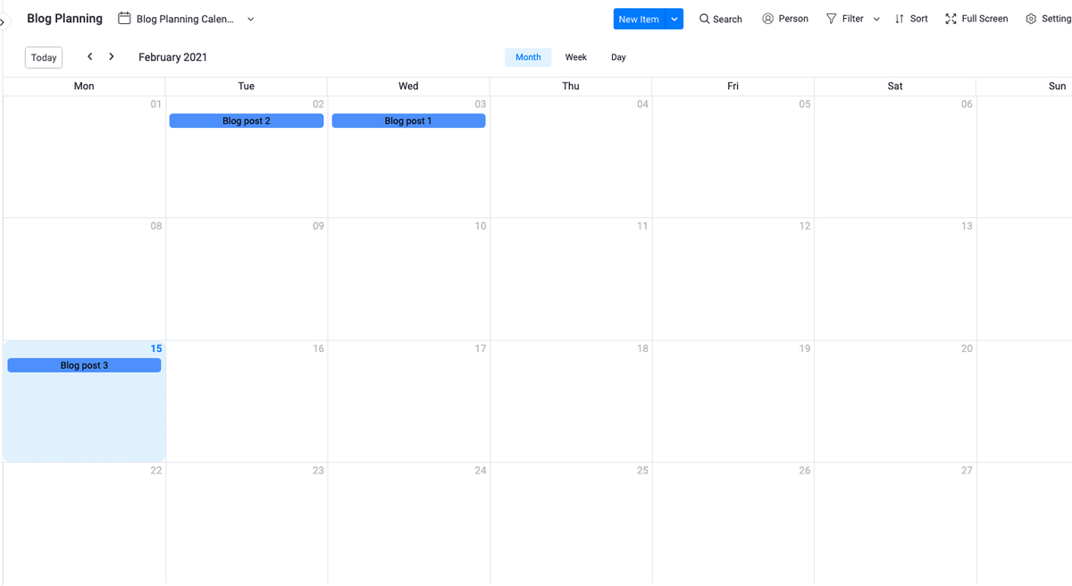 Digital blog content calendar with blog posts scheduled.