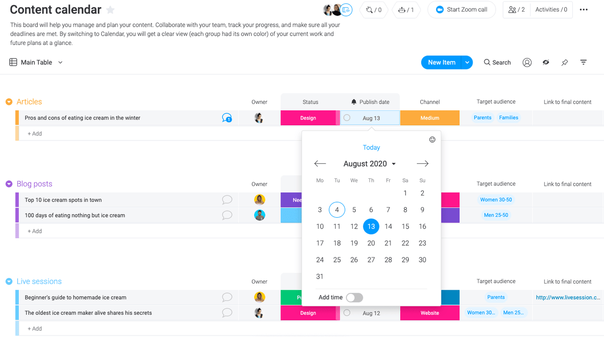 Content calendar broken down by article, posts, and live sessions.