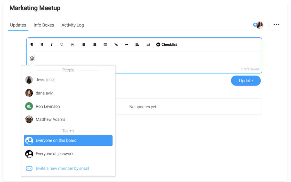 monday.com updates Image of monday.com user preparing to provide an update to everyone on their board