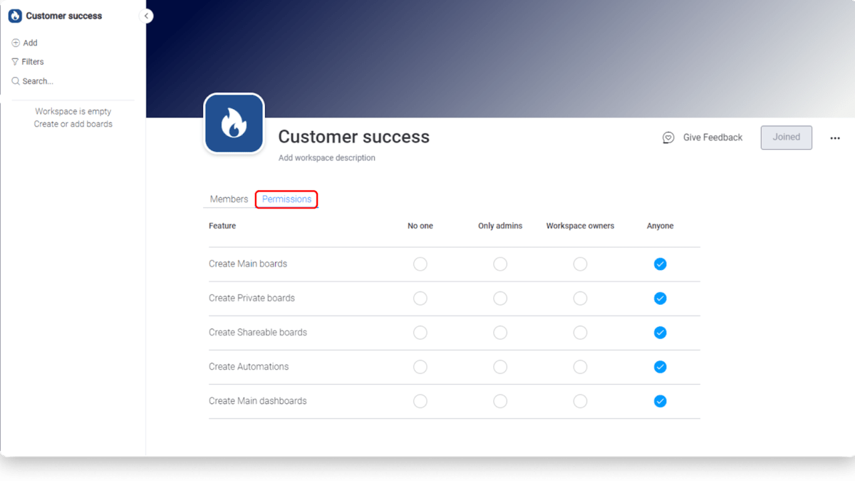 view of workspace permission settings in monday.com